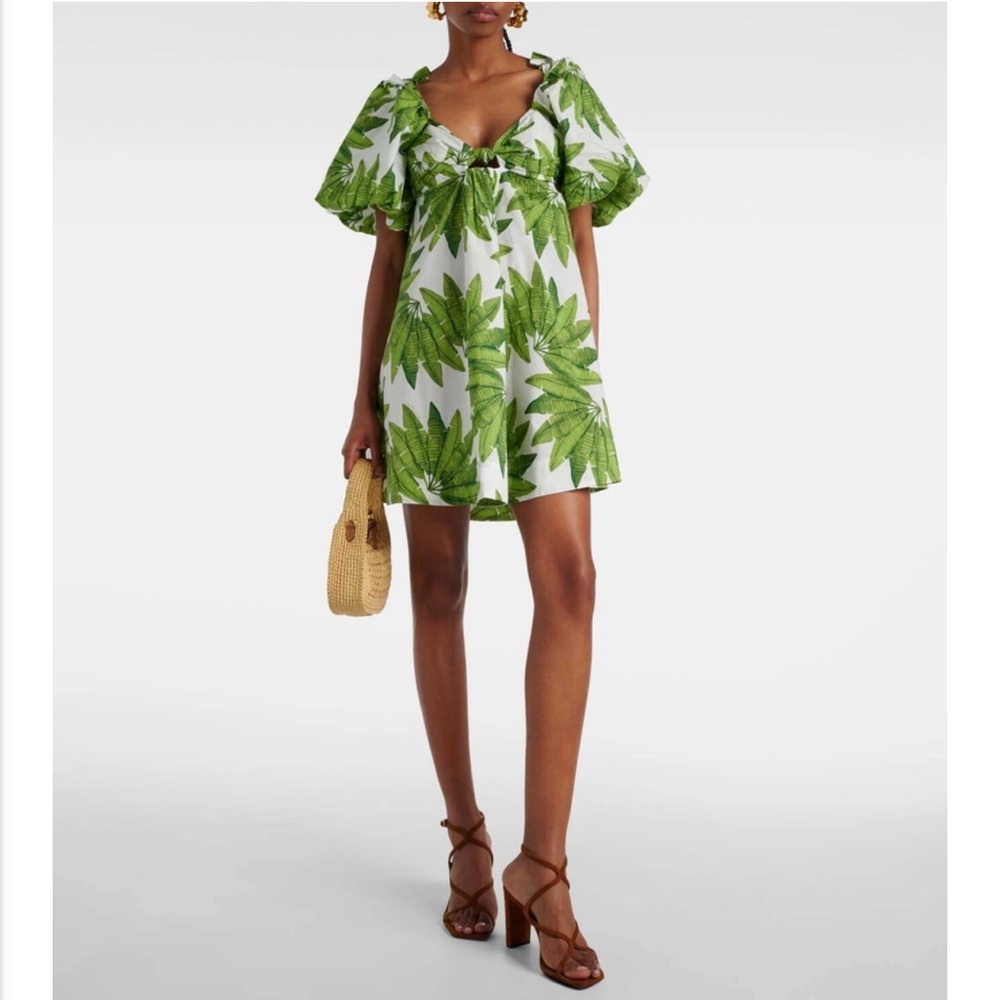 FARM Rio White Mini Dress with Green Leaf Print